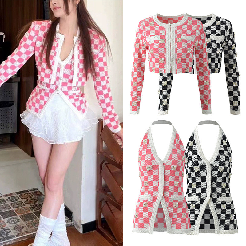 FAQ3 Sand*** 2024Spring and summer new style elegant ladylike pink checkered knit cardigan sweet and