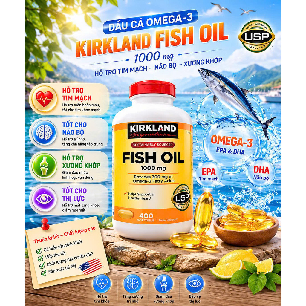 Viên Uống Dầu Cá Bổ Sung Omega-3 Kirkland Fish Oil 1000mg (Hộp 400 Viên)