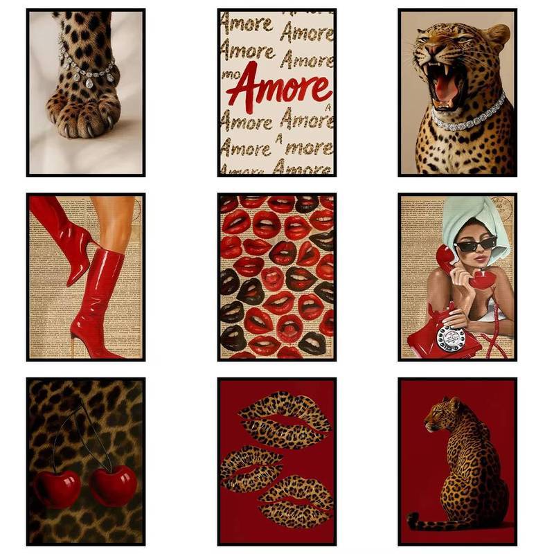 Red Lips Luxury Fashion Woman Pop Wall Art Poster Leopard Fashion Canvas Art Prints Jewelry Luxury F