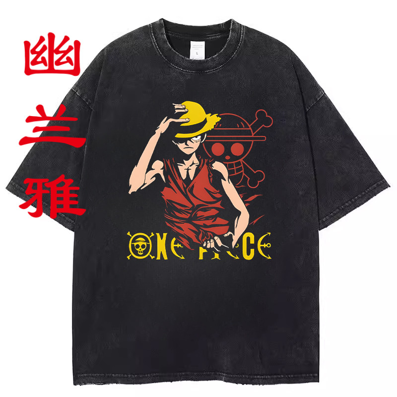 Retro Đau Khổ Rửa Cotton Áo Thun Anime Nhật Bản Tay Ngắn Nam Nữ One Piece One Piece Luffy One Piece 