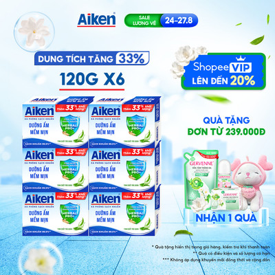 [TĂNG 33% DUNG TÍCH] Combo 6 Xà phòng Aiken sạch khuẩn Dưỡng Ẩm Mềm Mịn chiết xuất Trà xanh (120g x 6)