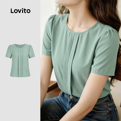 (New Arrival) Lovito Áo blouse nữ màu hồng xuân/hè dáng rộng xếp ly kiểu dáng thường ngày L195ED058