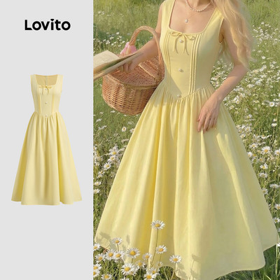 Lovito Váy nữ màu vàng mùa xuân/hè nơ trang trí đường xếp ly LK6ED242