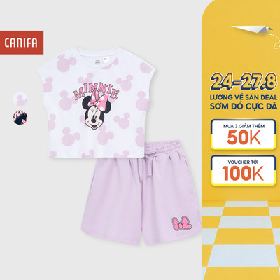 Bộ quần áo bé gái CANIFA áo sát nách quần short chất cotton USA in hình Mickey & Friends 1ST26S004