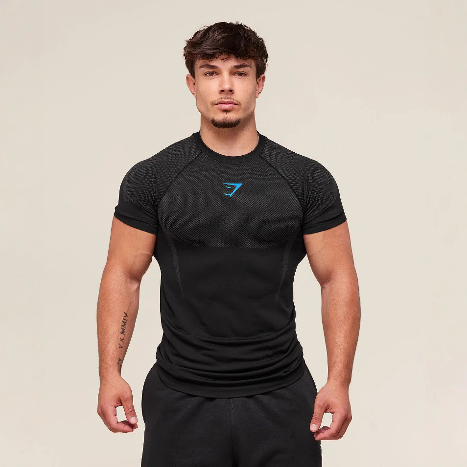 Nguồn Factory GYMSHARK Fitness Nam Chạy Nhanh Khô Thoáng Khí Quần Ngắn Tay Áo Thun Nam Cơ Shar