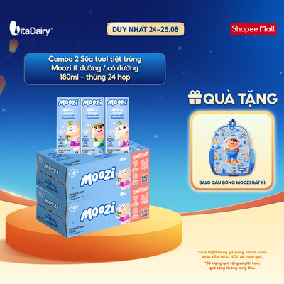 [COMBO 2 THÙNG 24 HỘP] Sữa tươi tiệt trùng Moozi có đường/ít đường 180ml - Thơm ngon dễ uống, Bổ sung năng lượng