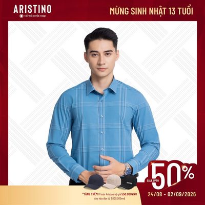 Áo sơ mi nam Aristino slimfit, thiết kế tà lượn, họa tiết xanh kẻ lịch lãm, sang trọng - ALS08003