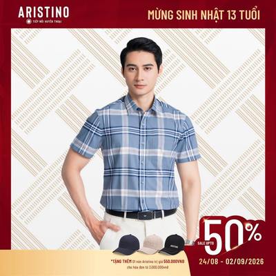 Sơ mi nam tay ngắn ARISTINO xám kẻ trắng xanh Bamboo tự nhiên ASS013AZ