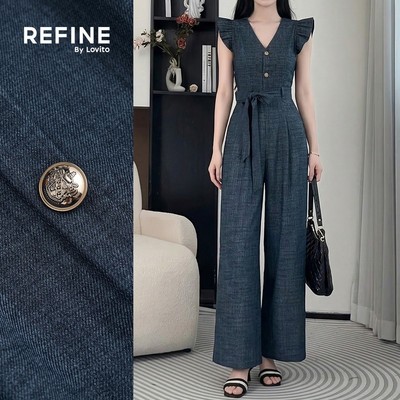 (Refine by Lovito) Phong cách thường ngày Áo liền quần nữ xanh dương mọi mùa có dây thắt lưng nút trước Công sở LR13L066