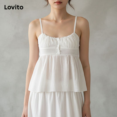 Lovito Áo Tank Top Trơn Lạnh Vai Xếp Ly Nút Dành Cho Nữ LNE71634