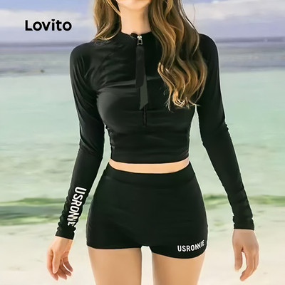 Lovito Kỳ nghỉ Bộ bikini 2 món kiểu thể thao mùa xuân/hè màu đen cho nữ LNE130X054
