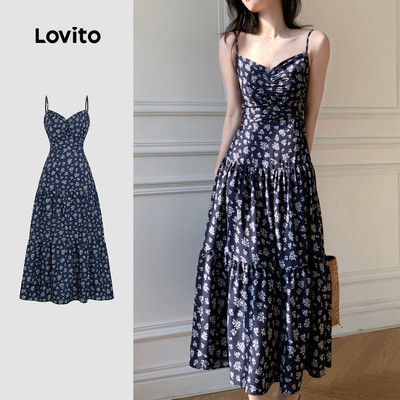 (Kỳ nghỉ) Lovito Đầm Xếp Ly Mùa Xuân/Hè Màu Xanh Dương Cho Phụ Nữ L149LD392