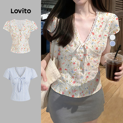 Lovito Phong cách thường ngày Áo phối cột nơ phối ren mùa xuân/hè cho nữ L177ED230