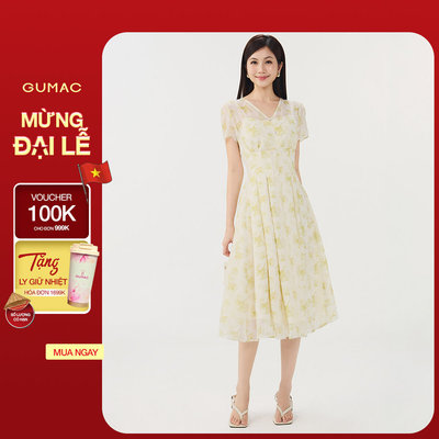 [VOUCHER 25%] Đầm Nữ GUMAC Form A Xòe Hoa Cổ V Ngắn Nhún Vai Tôn Dáng Dịu Dàng Thanh Lịch Phù Hợp Đi Làm Đi Tiệc DG07026