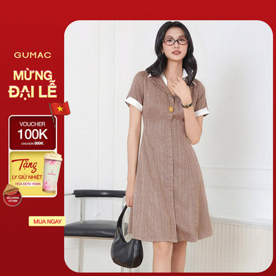 Đầm Nữ GUMAC Form A Phối Cổ Sơ Mi Tay Xẻ V Cách Điệu Thanh Lịch DF04034