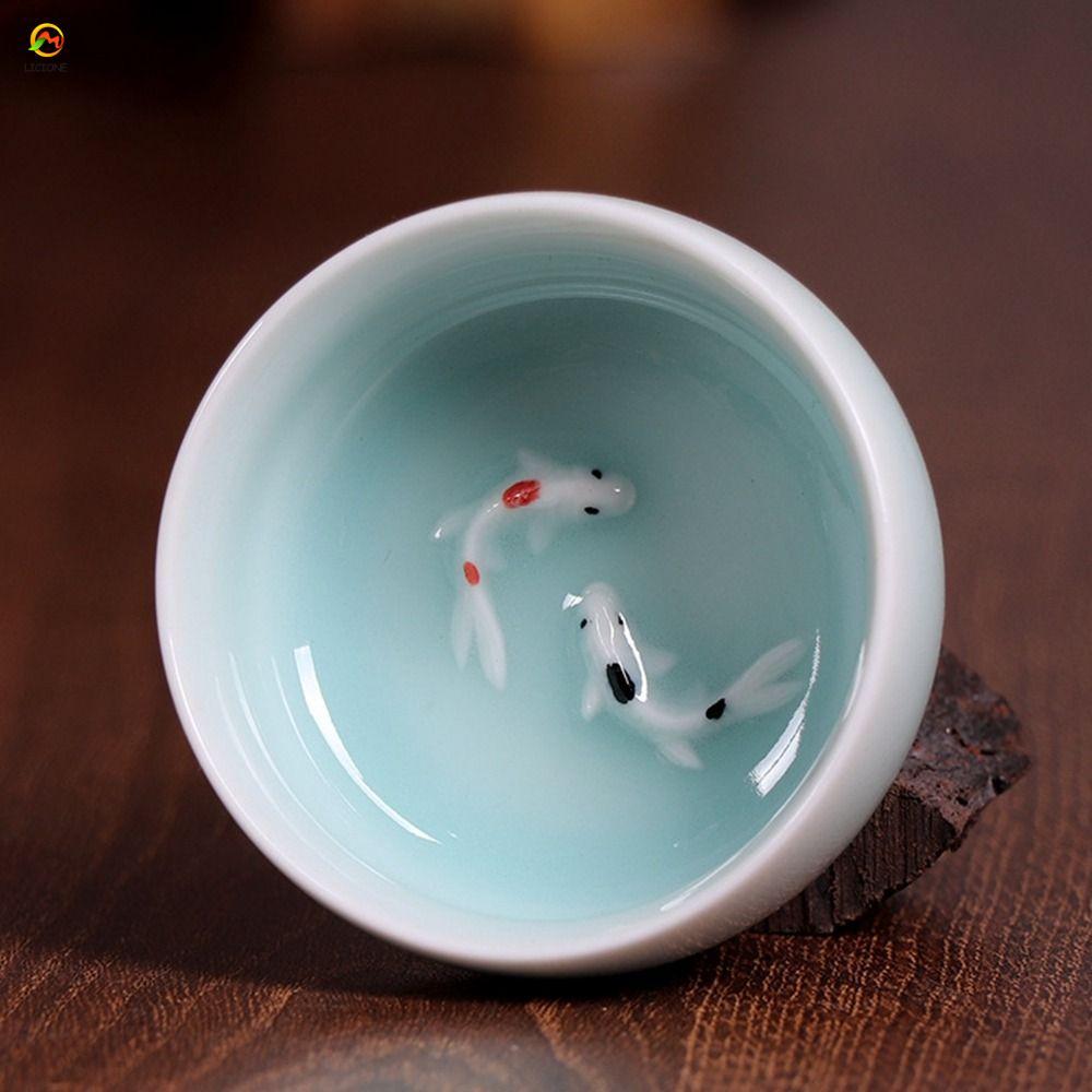 ECHOG Golden Fish Celadon Porcelain Teacups, Crackle 60ml Long Tuyền Tea Cup, Crackle Tea Cup tinh t