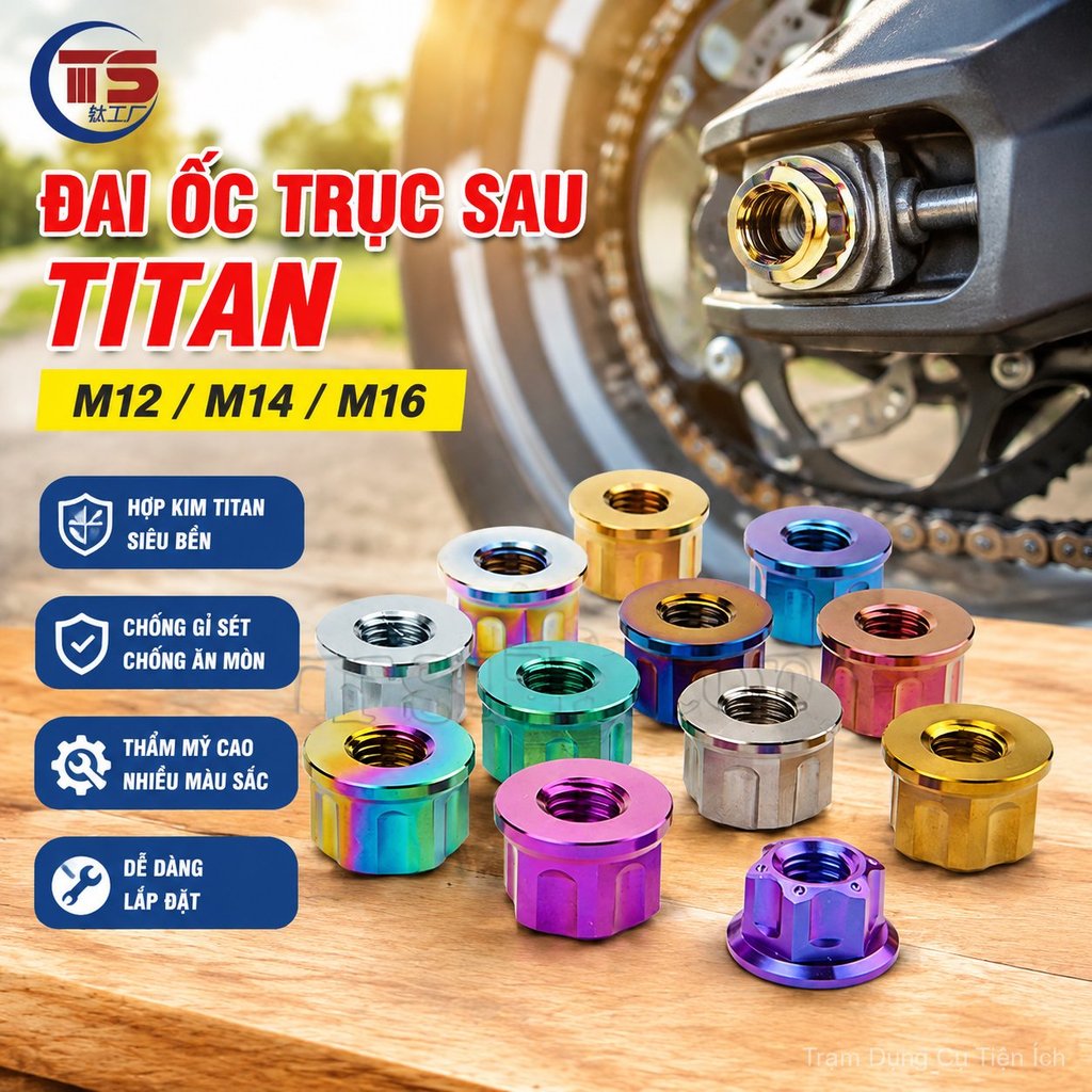 Đai ốc trục sau xe máy hợp kim titan M12 M14 M16, phụ kiện độ xe bền đẹp sáng bóng