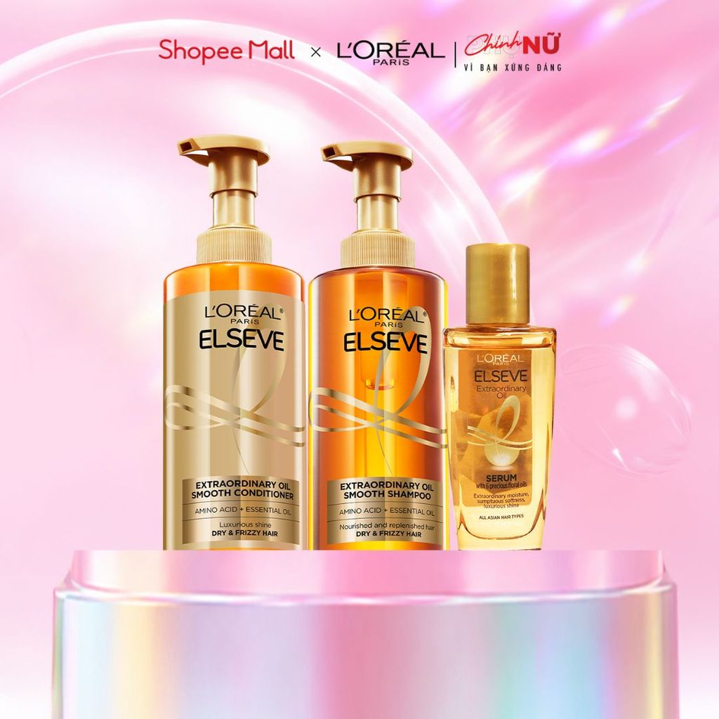 Bộ gội xả dưỡng tóc suôn mượt tóc cao cấp L'Oreal Paris Sleek 440ml x2 & Dầu dưỡng chiết xuất tinh dầu 30ml