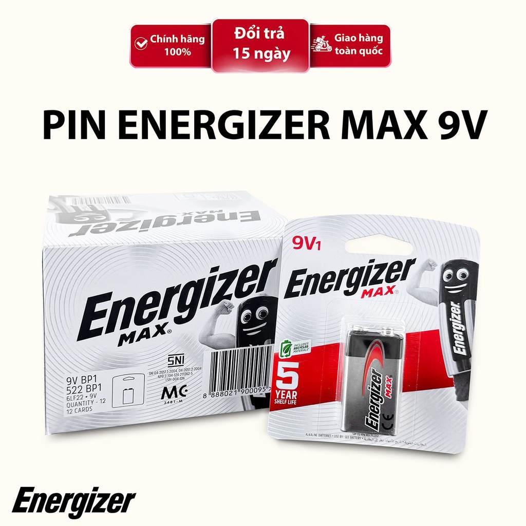 Pin Energizer MAX Alkaline 9V – Pin Vuông 6LF22 Chính Hãng – Dùng Cho Micro, Thiết Bị Đo, Đồ Điện Tử