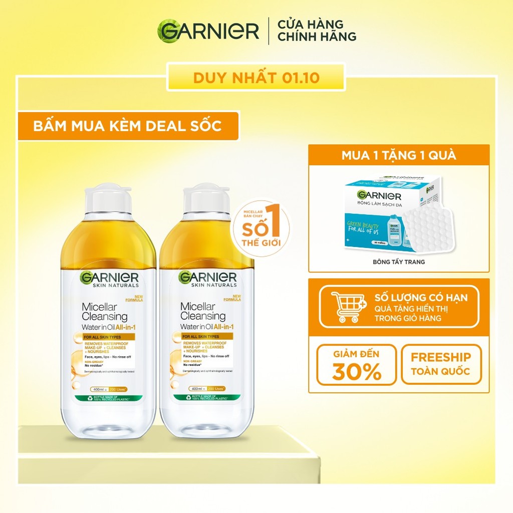 Bộ 2 nước làm sạch và tẩy trang cho da khô & trang điểm Garnier Micellar Water 400ml x 2