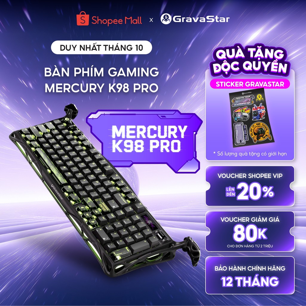 Bàn phím Gaming Gravastar Mercury K98 Pro Phantom Black - 98% Layout, Smart Screen 1.65", Switch UFO