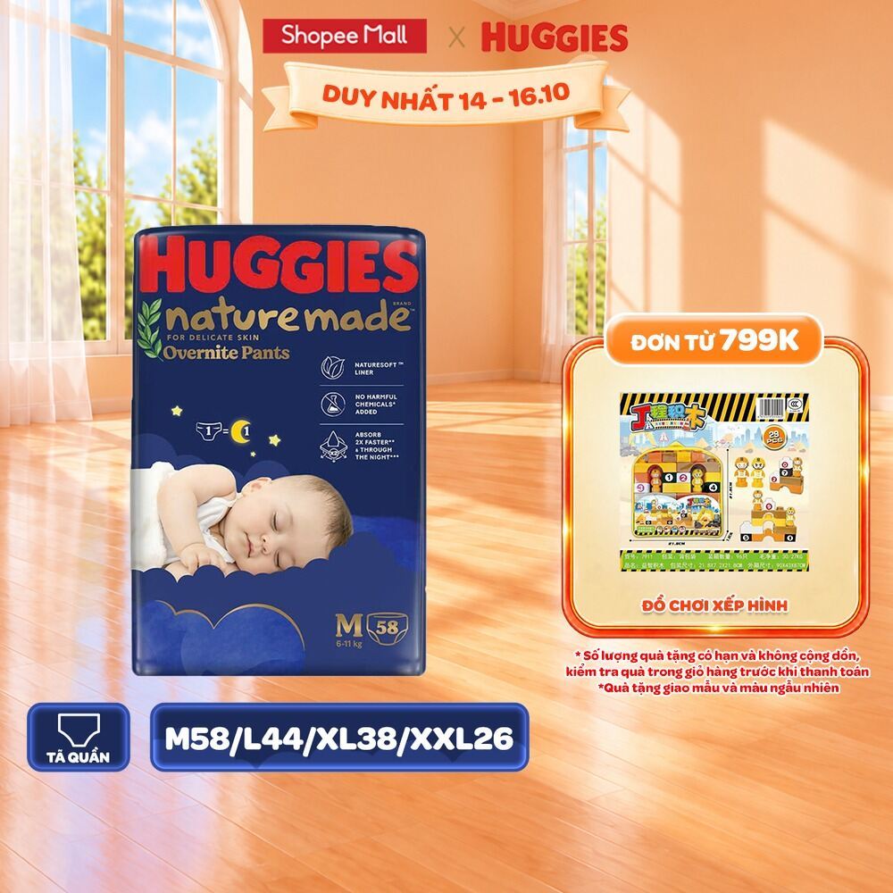 Tã/Bỉm quần Huggies Naturemade ban đêm M58/L44/XL38/XXL26