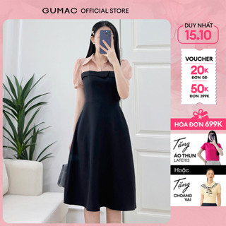 Đầm nữ form A cổ sơ mi phối vải tơ tay ngắn màu đen có hai túi sườn thời trang GUMAC LDF0611