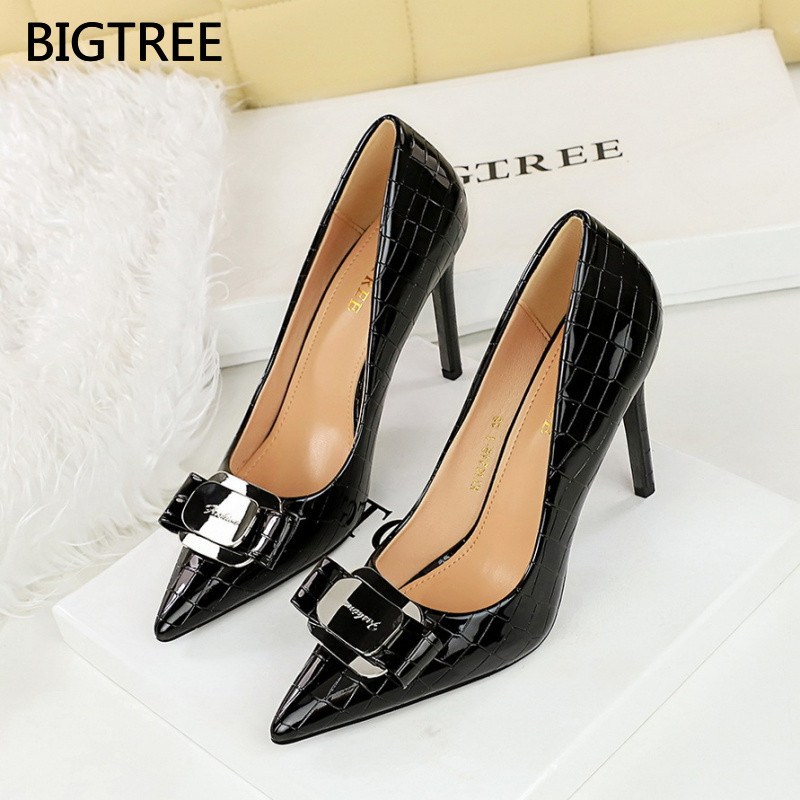 Women's High Heels18249-K91Banquet Patent Leather Metal Bowknot Patchwork Stiletto Heels