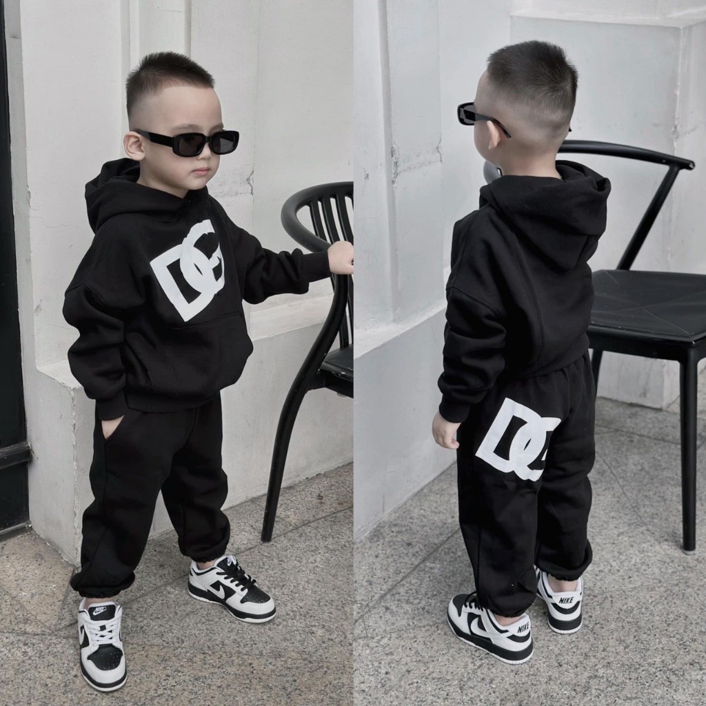 Bộ quần áo nỉ hoodie cho bé DG, bộ quần áo nỉ mũ túi thu đông cho bé, Đậu Đậu
