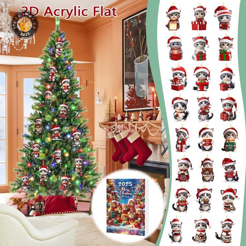 {TB & Bag} Lịch Mùa Vọng Mèo Con 2025 Mặt Dây Chuyền Mèo Acrylic 2D Trang Trí Cây Giáng Sinh 24 Ngày