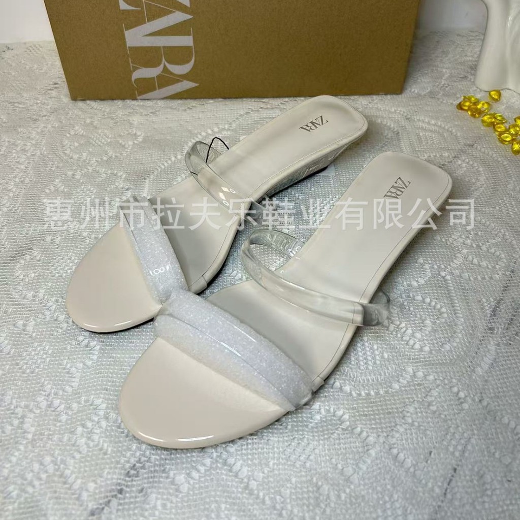 6O46 ZARA New Summer Crystal Heel Sandals for Women, Vacation Style Wedge Heel Open-Toe Transparent 