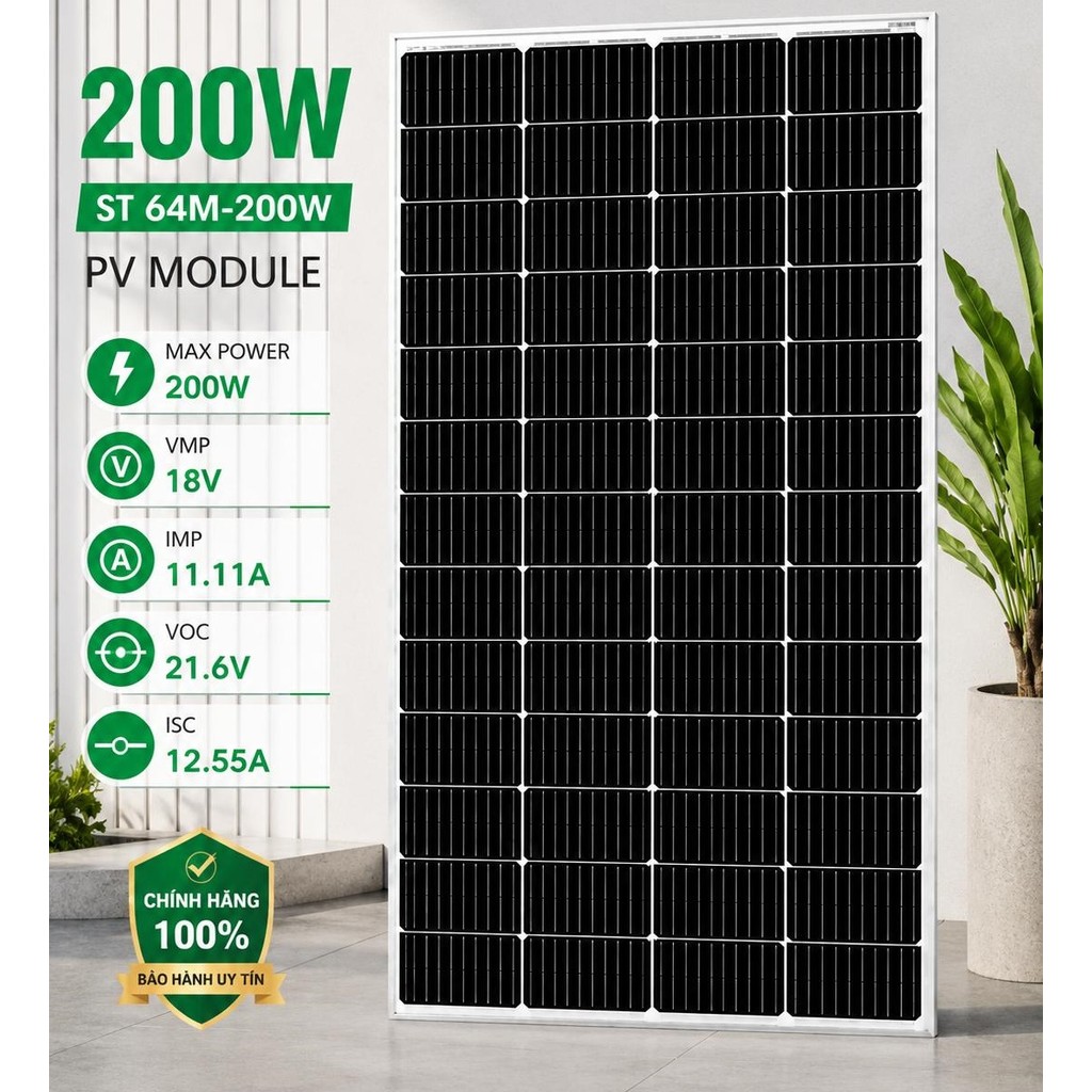 Tấm Pin Năng Lượng Mặt Trời STEK 200W 18V Mono | ST64M-200W | Hiệu Suất Cao | Chính Hãng 100%