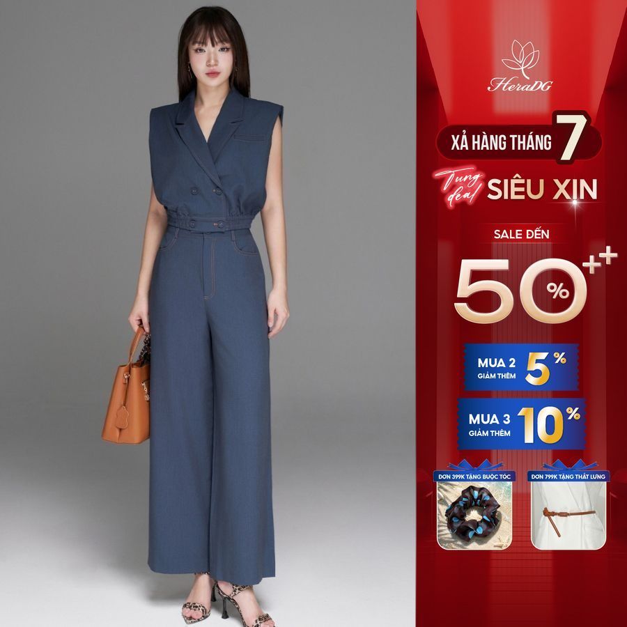 Bộ đồ nữ set áo quần HeraDG áo gile cổ vest độn vai,chun gấu, quần dài suông, chất Tuytsi giả bò cao