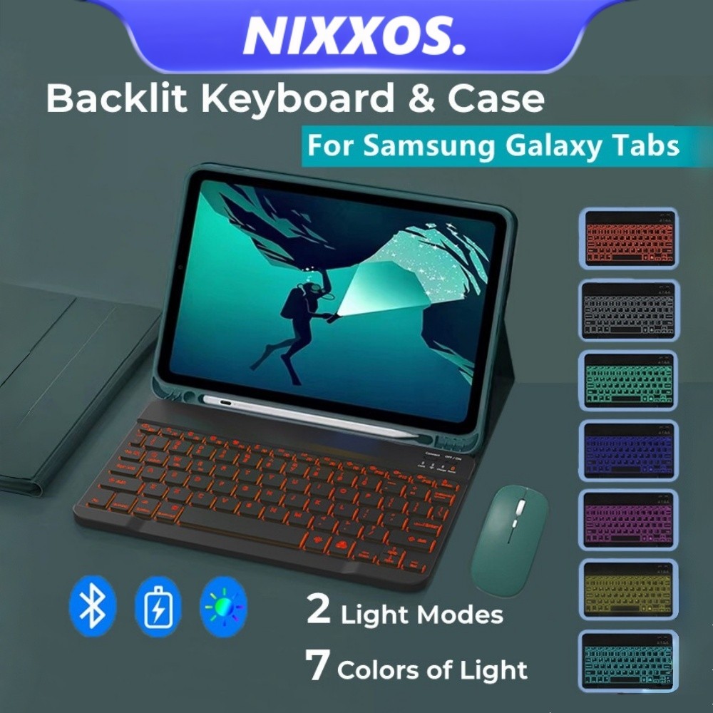 Vỏ da NIXXOS có bàn phím có đèn nền LED 7 màu sáng cho Samsung Galaxy Tabs S9FE / S9 / S8 / S7 / S6 