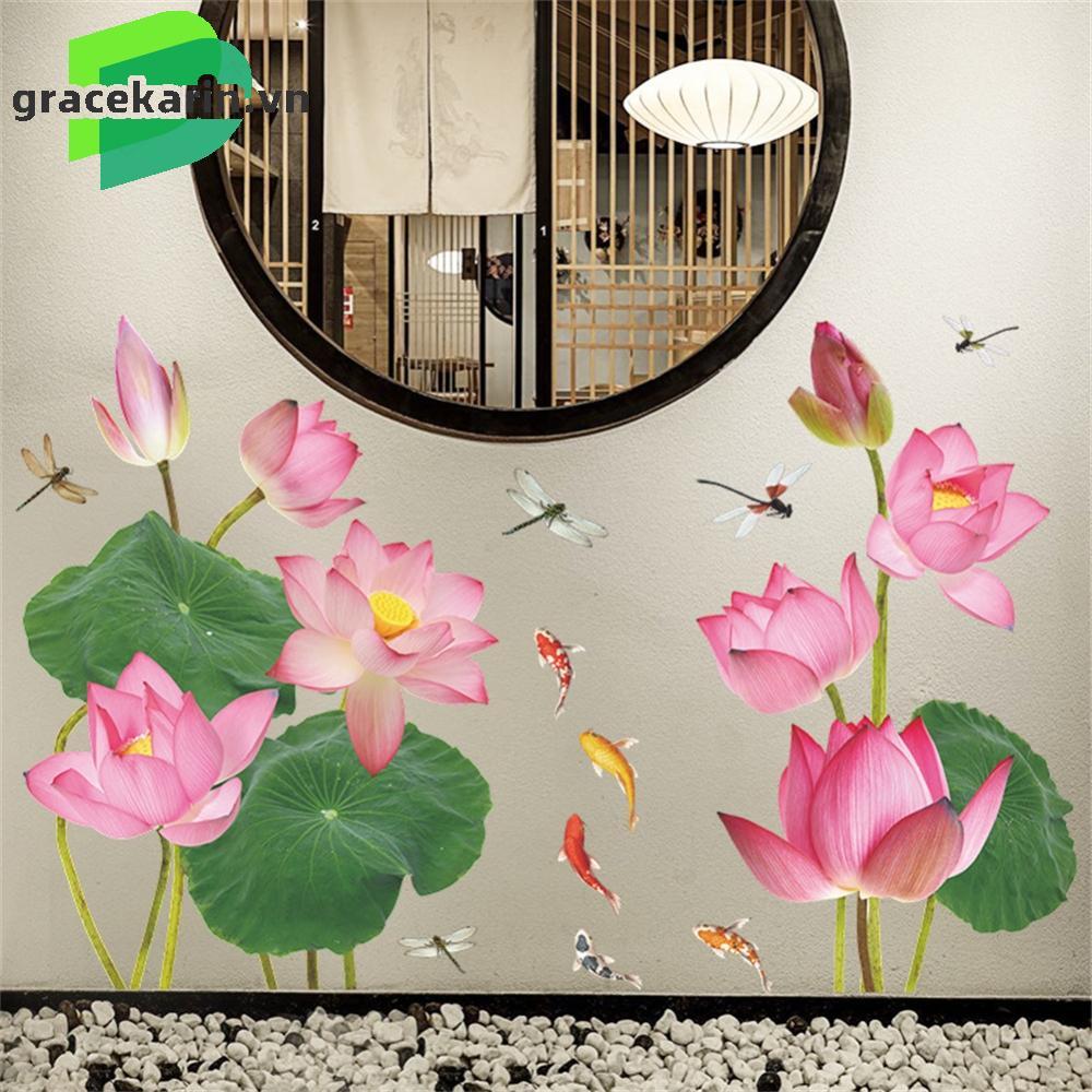 [GRCEKRIN-VN]Wall Sticker Decal Home Sticker Wall Decor Chinese Style Dragonfly Fresh Lotus