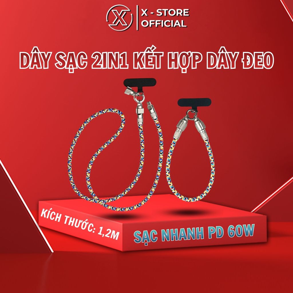 Dây đeo chéo điện thoại kiêm cáp sạc 1.2 mét, Cáp sạc nhanh 1.2m bọc dù, cáp sạc 2 in 1 dáng dài sạc