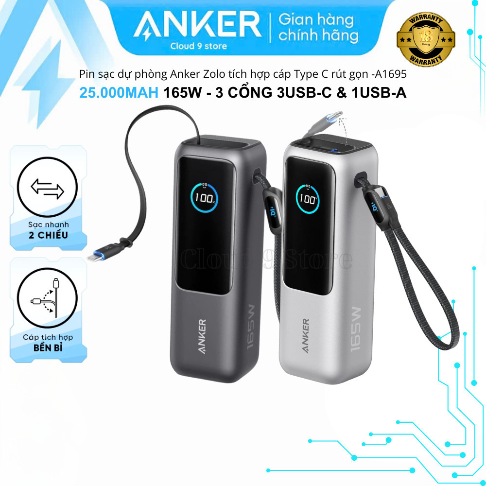 Pin sạc dự phòng Anker Zolo 25000mAh 3 cổng sạc tích hợp cáp Type C rút gọn - A1695 Chính hãng VN