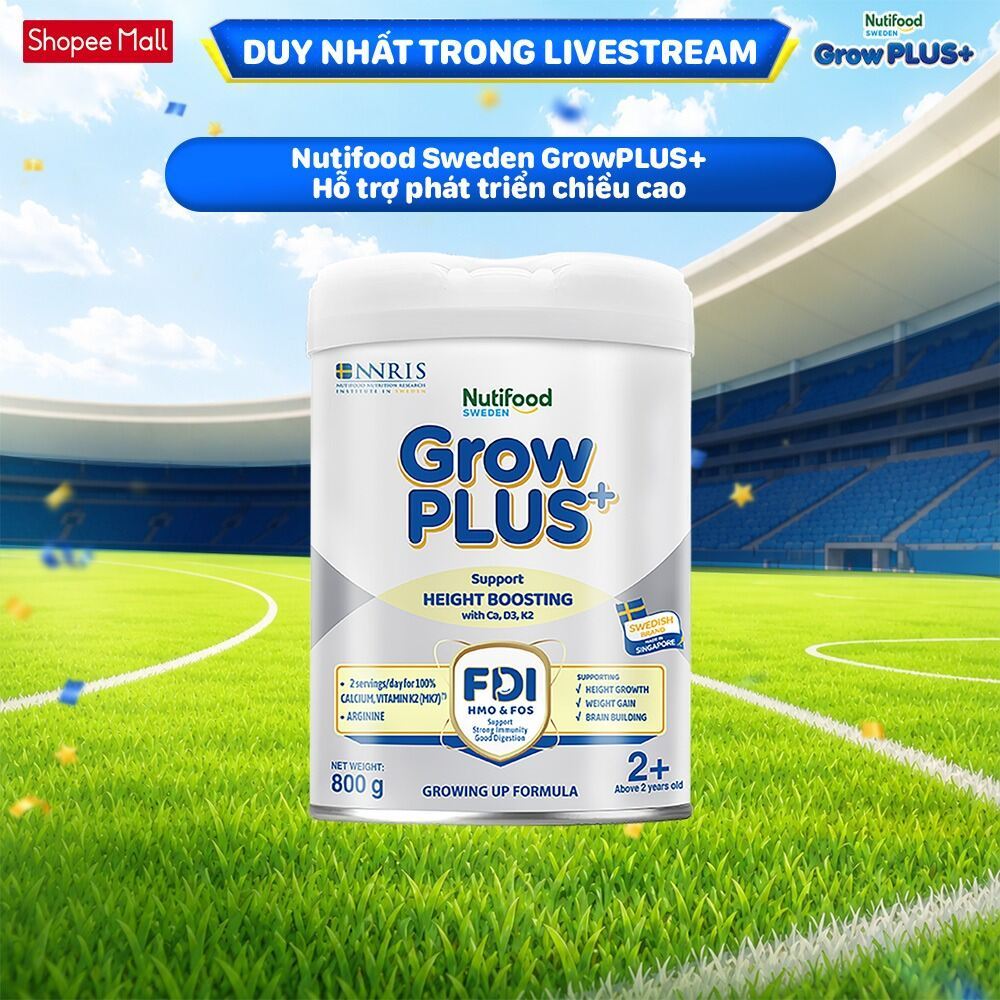 [Livestream KOL] Sữa Bột Nutifood Sweden GrowPLUS+ Cao lớn vượt trội trên 2 tuổi (Bạc) 800g