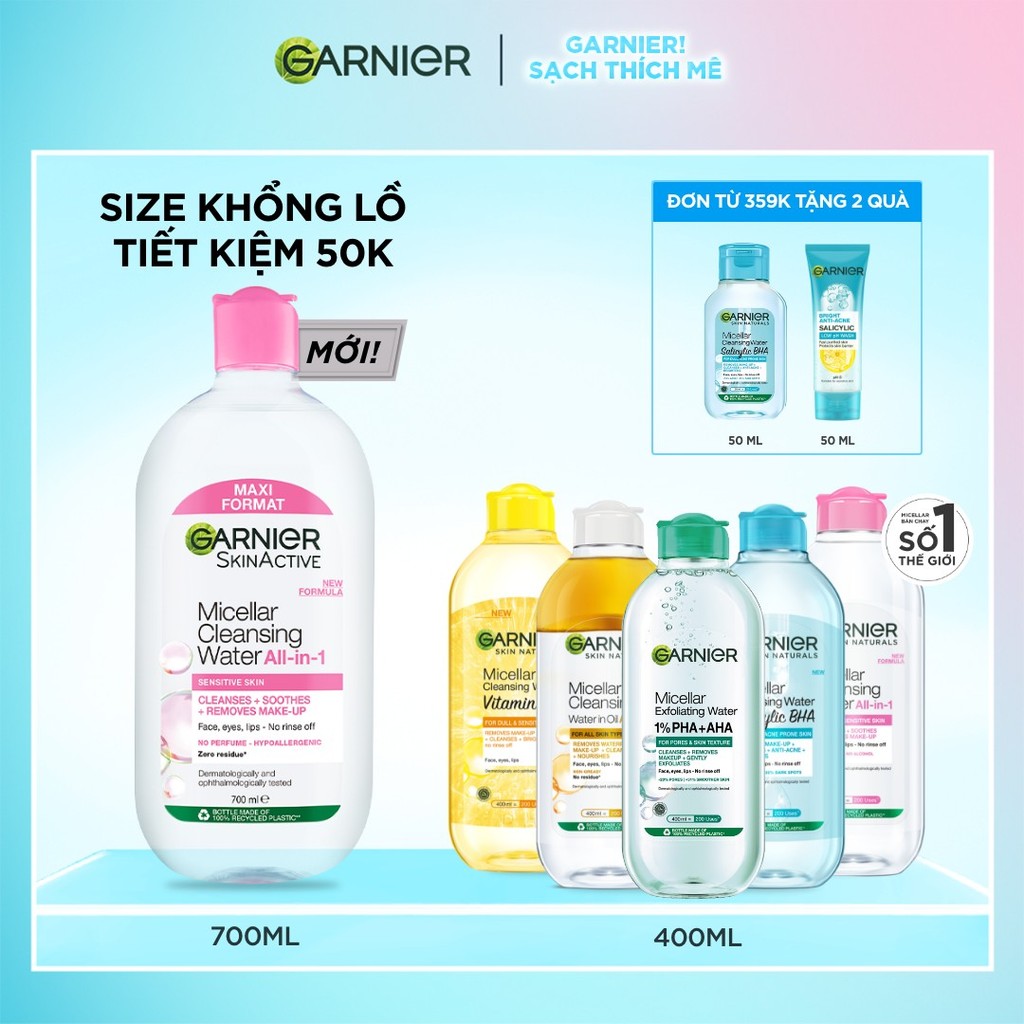 [CÓ SIZE MỚI] Nước Tẩy Trang làm sạch sâu dịu nhẹ cho mọi loại da - Garnier Micellar Cleansing Water
