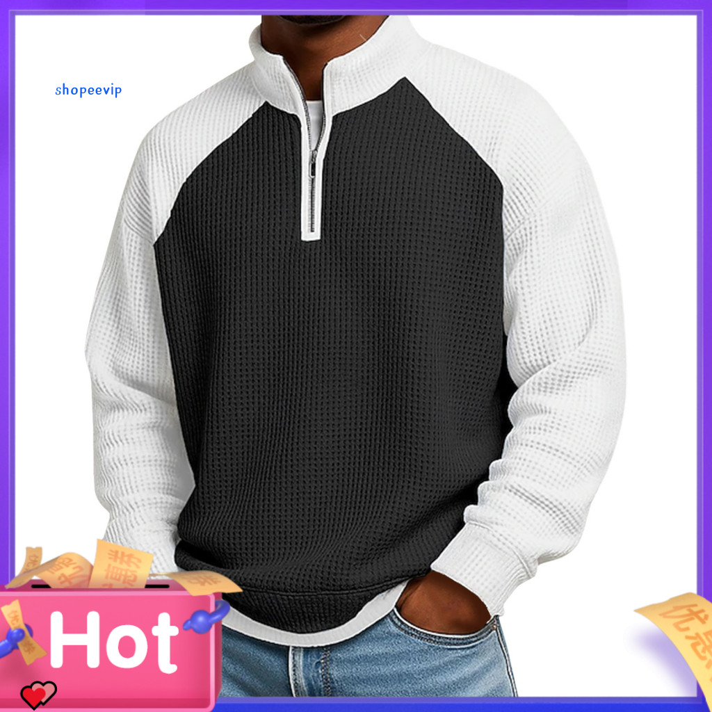 SPVPZ Cổ Điển Thu Đông Top Quarter Zip Áo Chui Đầu Nam Waffle Quarter Zip Áo Dài Tay Đứng Cổ Áo Chui