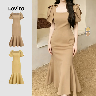 Lovito thanh lịch Đầm phong cách cột dây mùa xuân/hè màu kaki nhạt cho nữ L172ED407