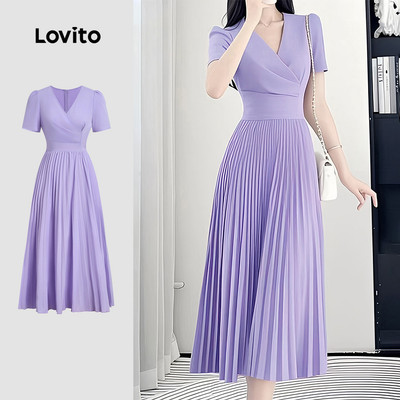 Đầm nữ Lovito tím xuân hè mềm dây kéo xếp ly thanh lịch L137ED032