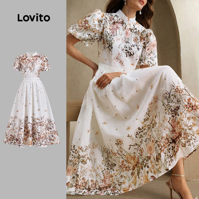 (Thanh lịch)Lovito Đầm Midi Dáng Chữ a Xòe Tay Phồng Ngắn Cổ Bẻ Eo Cao Họa Tiết Hoa Hàn Quốc Thanh Lịch Thích Hợp Mặc Hàng Ngày Vào Mùa Xuân/hè Cho Nữ LR13L009