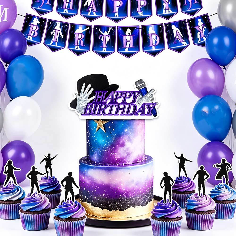 Birthday Party Decorations Set, Purple Black Starry Happy Birthday Banner Latex Balloons Cake Topper