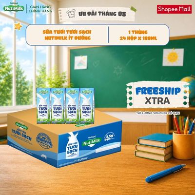 Thùng 24 Hộp Sữa Tươi Tươi Sạch NutiMilk Ít Đường Hộp 180ml