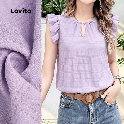 (New Arrival) Lovito Áo Tím Jacquard Ruffle Khoét Cắt Mùa Xuân/Hè Áo Nữ LK7LD1056