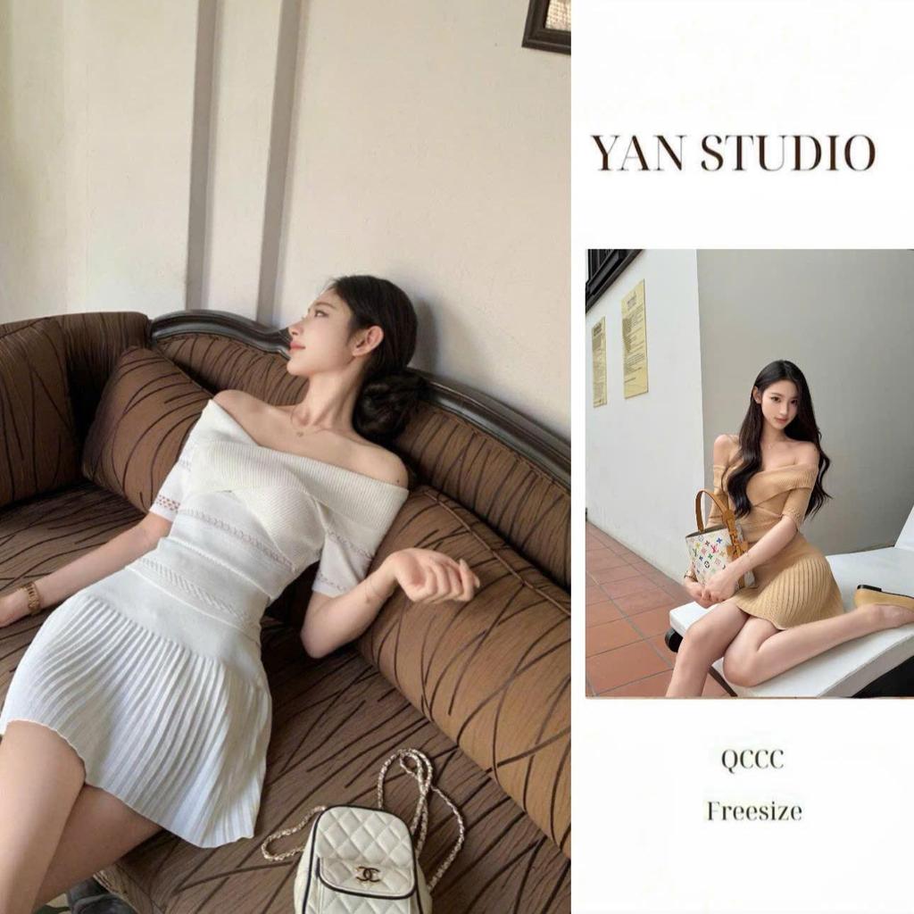 [YAN STUDIO] Set Váy Len Trễ Vai Xếp Ly Tiểu Thư Thanh Lịch Y9382AB