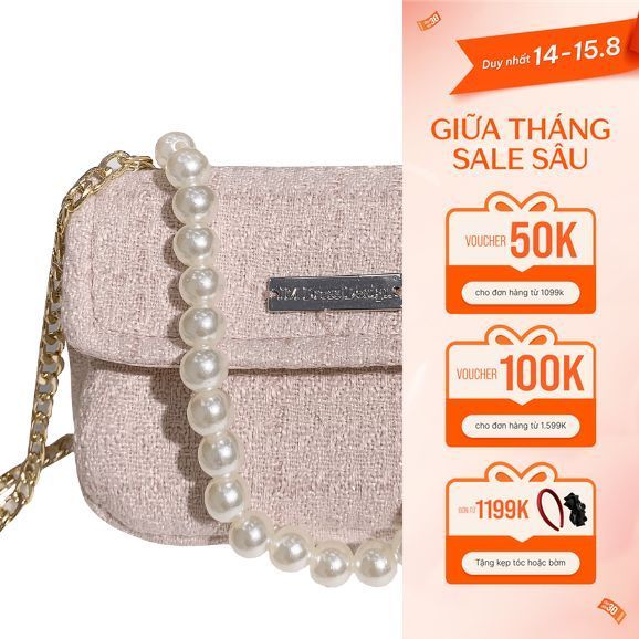 Túi Xách Nữ Tweed Đính Ngọc Trai Thanh Lịch Mini Bag JM QT2308.2310TW. Túi Dự Tiệc, Đi Chơi Sang Chả