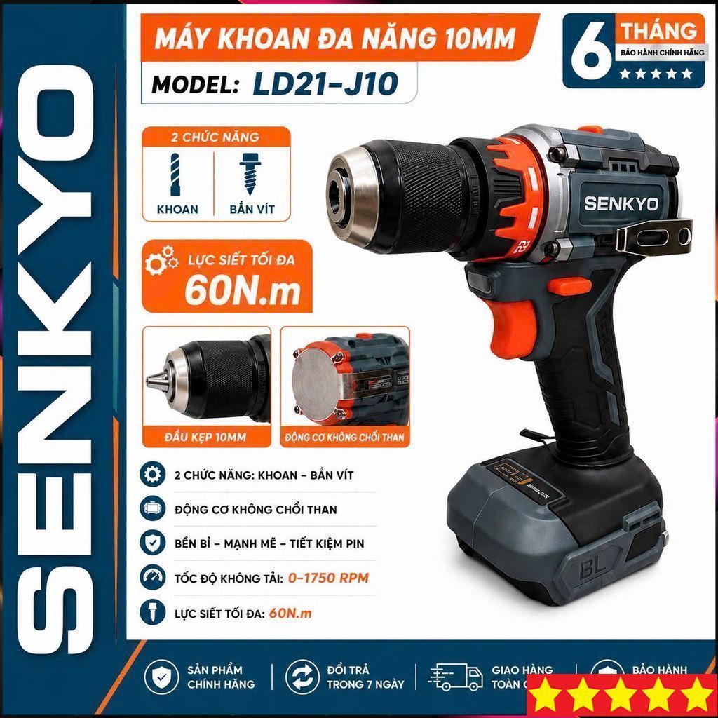 Thân Máy Khoan Pin 10mm SENKYO LD21-J10, Lực Siết 60Nm, Có Khoá Trục, Động Cơ Không Chổi Than, Chất 