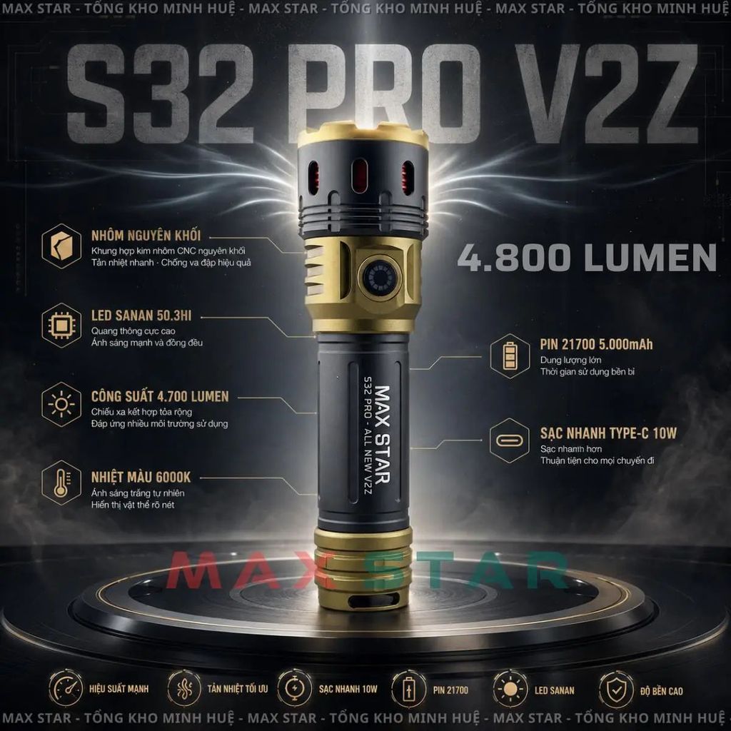 Đèn pin cầm tay siêu sáng 4800lumen MAX STAR S32 PRO V2Z